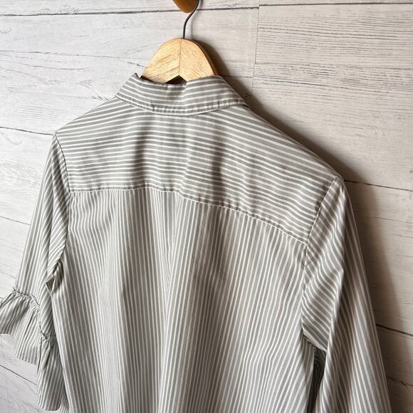 Chicos Top Womens Size 2/L Taupe & White Striped Button Down Bell Sleeves - Picture 11 of 16